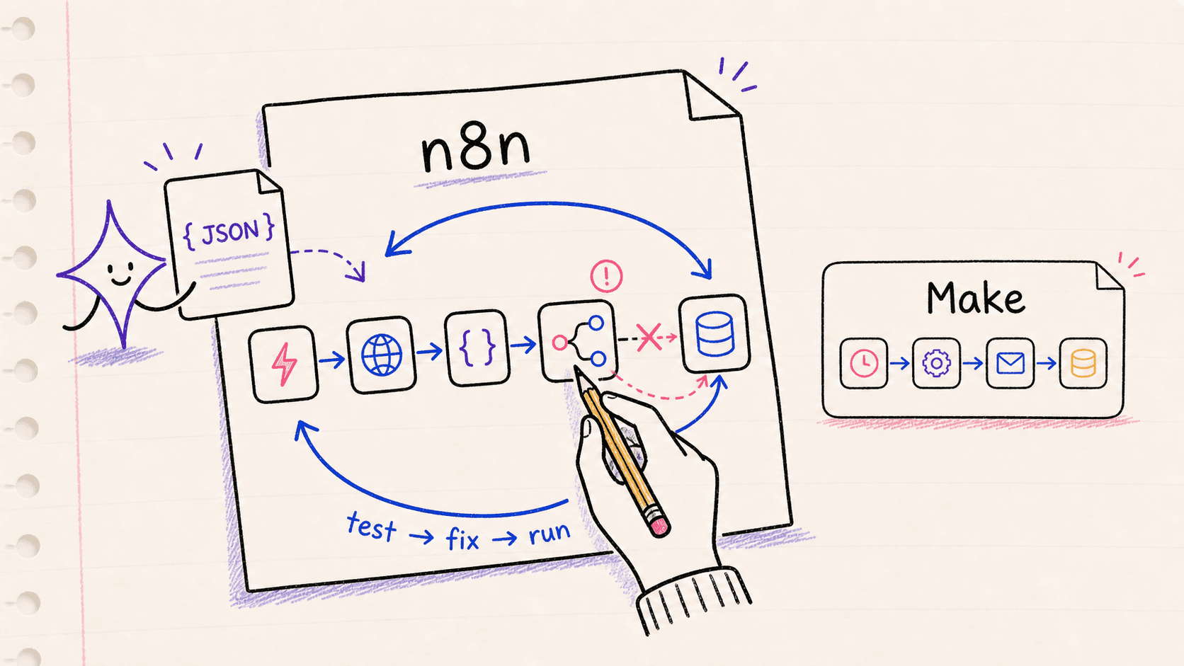 AI hands a JSON draft to an n8n workflow as a person tests and fixes it, with a simpler Make workflow shown alongside