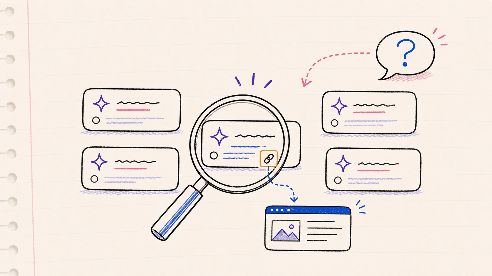 A hand-drawn magnifying glass inspecting whether an AI answer cites a company website