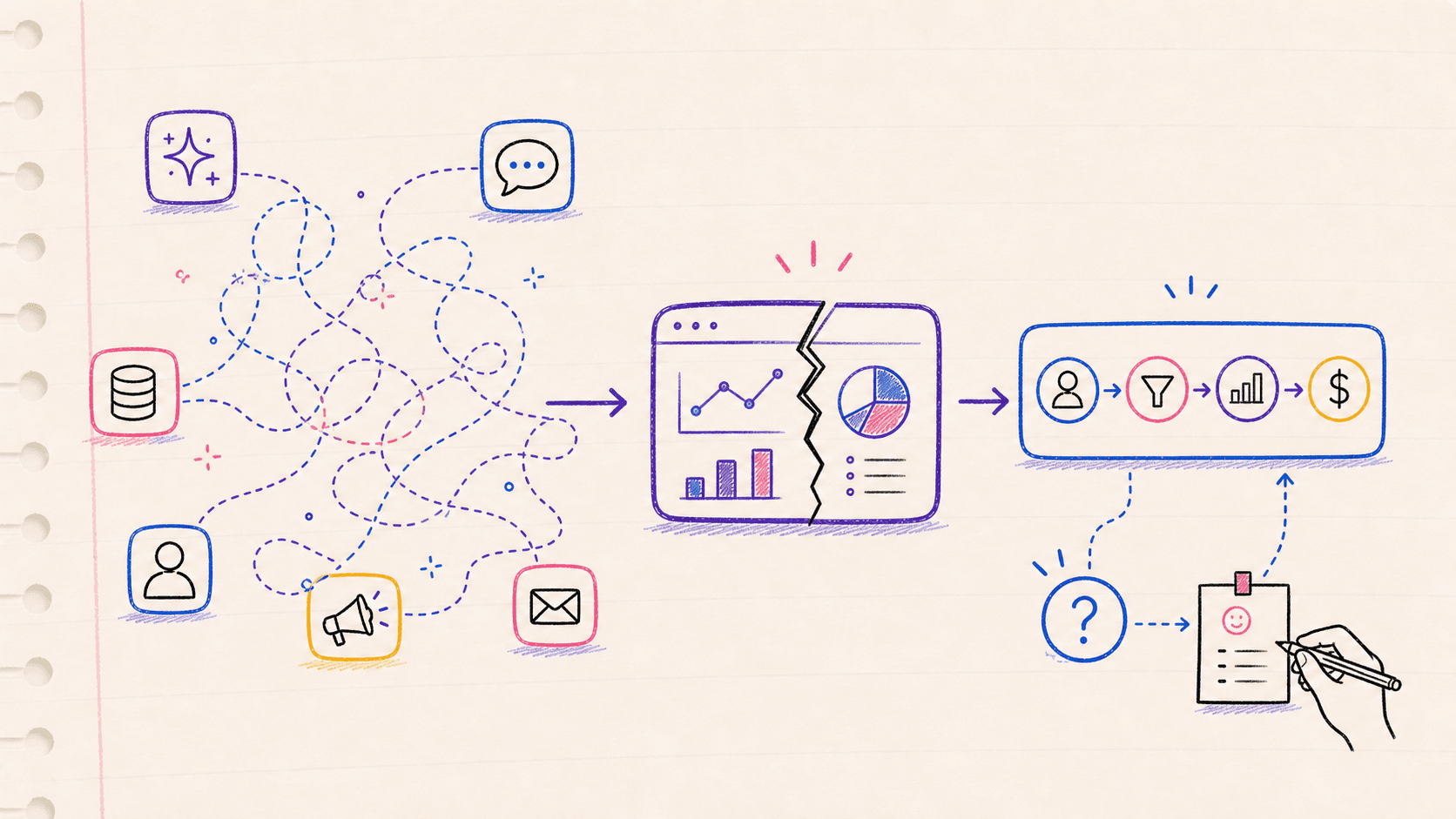 A hand-drawn buyer journey passing through incomplete analytics into a more honest measurement system