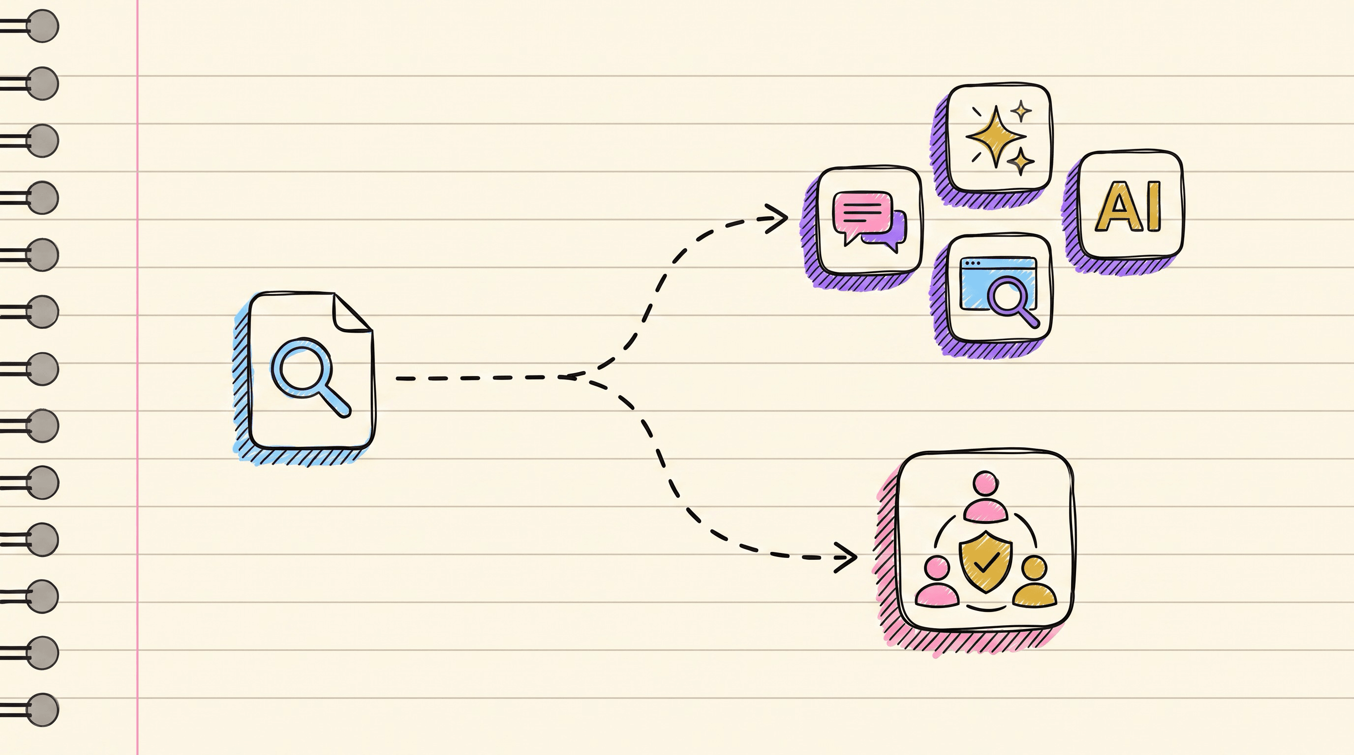 A hand-drawn search icon forking into two dashed paths, one toward AI search icons and the other toward a group of people validating a decision together